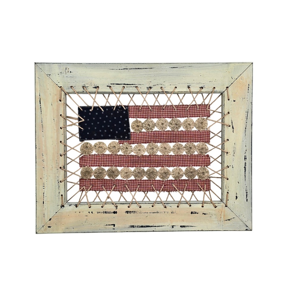 Rustic American Flag Wall Art Distressed Wood Frame Gingham Burlap Farmhouse